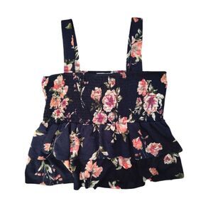 Story On Blue Floral Smocked Peplum Tank Top Large